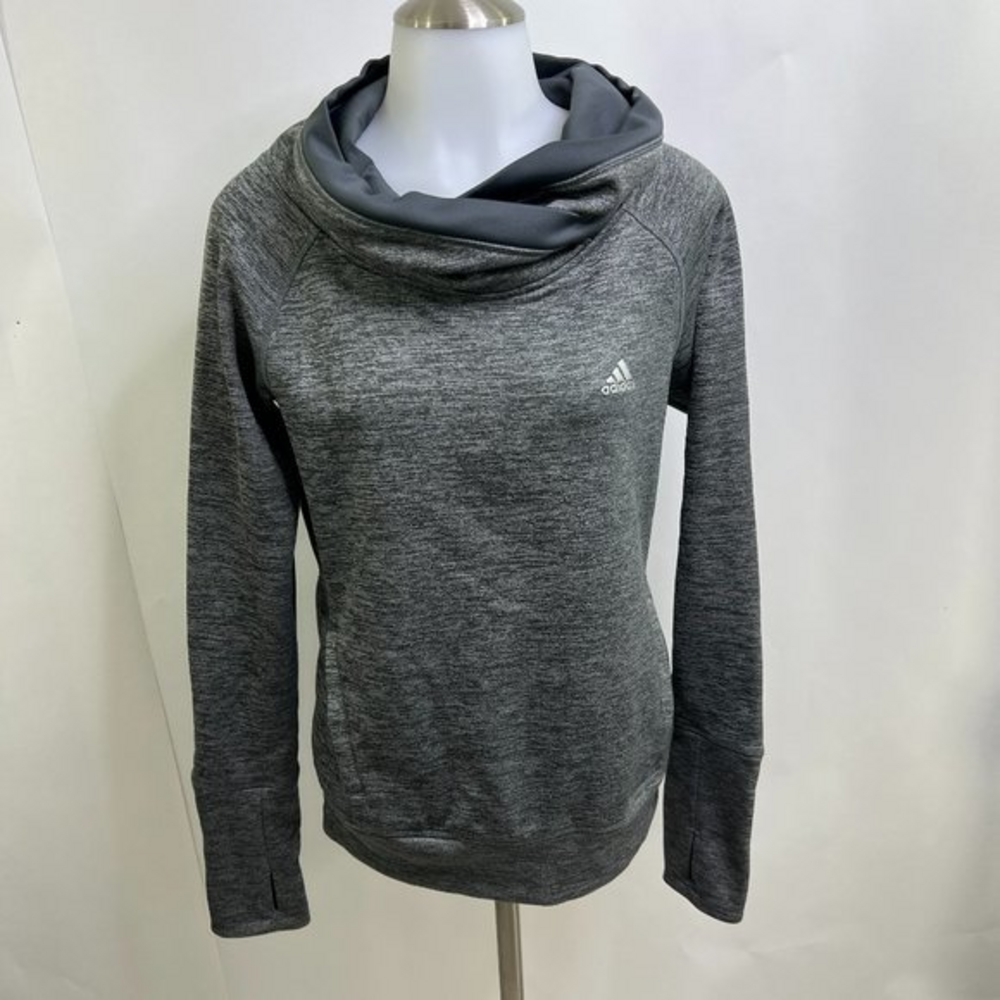 Adidas S Sweatshirt Cowl Neck Thumb Holes Gray‎ Heathered Climawarm Fleece Used.